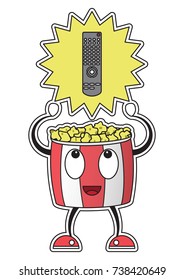 Bucket of popcorn and remote control, cheerful cartoon character, vector image, flat design