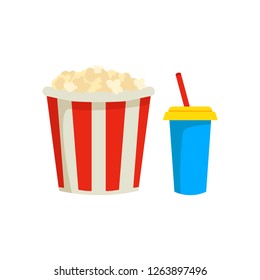 Bucket of popcorn and sweet drink in plastic cup with drinking straw. Tasty snack and drink. Icons related to cinema theme.