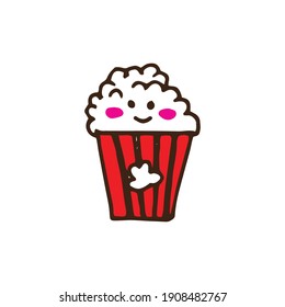 a bucket of popcorn vector illustration on white background. popcorn icon with eyes and smiley face. happy face, kawaii emoticon. hand drawn vector. doodle for kids, logo, label, sticker, clipart.