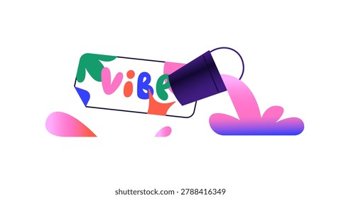 Bucket with pouring paint and splashes. Sticky band with Vibe text. Design of sticker with abstract signs of creativity and art. Funny decor. Flat isolated vector illustration on white background