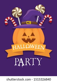 bucket pumpkin candies lettering trick or treat happy halloween vector illustration