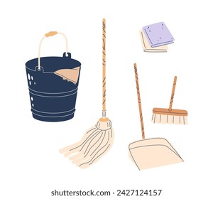 Bucket With Rag, Broom, Brush, Wipes And Scoop Versatile Cleaning Kit, Perfect For Tackling Messes, Isolated Vector Set