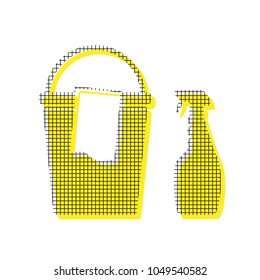 Bucket and a rag with Household chemical bottles. Vector. Yellow icon with square pattern duplicate at white background. Isolated.