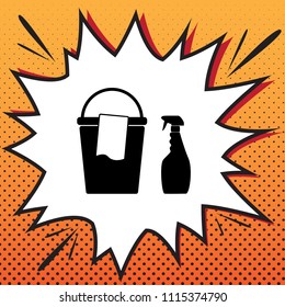 Bucket and a rag with Household chemical bottles. Vector. Comics style icon on pop-art background.