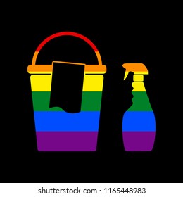 Bucket and a rag with Household chemical bottles. Vector. Icon with colors of LGBT flag at black background.