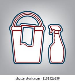 Bucket and a rag with Household chemical bottles. Vector. Dark red, transparent and midnight green stroke of white icon at grayish background.