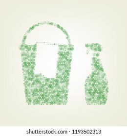 Bucket and a rag with Household chemical bottles. Vector. Green hexagon rastered icon and noised opacity and size at light green background with central light.