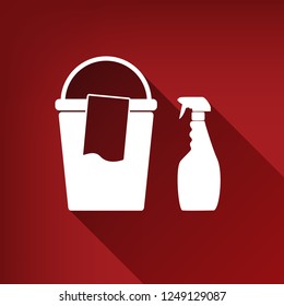 Bucket and a rag with Household chemical bottles. Vector. White icon with limitless shadow at ruby red background.