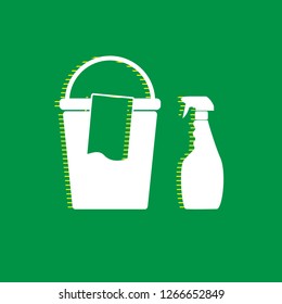 Bucket and a rag with Household chemical bottles. Vector. White flat icon with yellow striped shadow at green background.