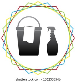 Bucket and a rag with Household chemical bottles. Vector. Black icon with patch of light inside colorful hexagonal frames at white background.