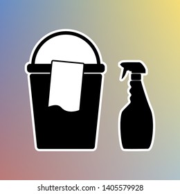Bucket and a rag with Household chemical bottles. Black icon in white shell at pastel color background. Illustration.