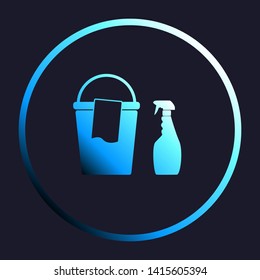 Bucket and a rag with Household chemical bottles. White, cyan and blue gradient icon as round button in white shell at dark blue background. Illustration.