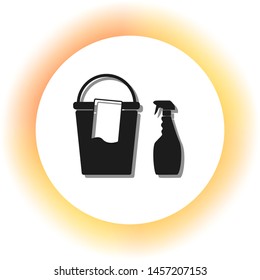 Bucket and a rag with Household chemical bottles. Dark icon with shadow on the glowing circle button. Illustration.