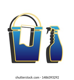 Bucket and a rag with Household chemical bottles. Blue icon with gold contour with dark gray shadow at white background. Illustration.