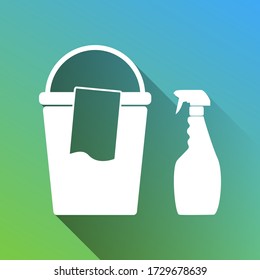 Bucket and a rag with Household chemical bottles. White Icon with gray dropped limitless shadow on green to blue background. Illustration.