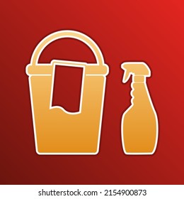 Bucket and a rag with Household chemical bottles. Golden gradient Icon with contours on redish Background. Illustration.