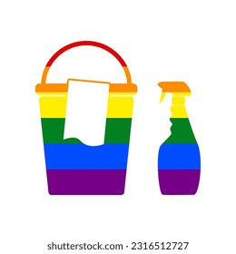 Bucket and a rag with Household chemical bottles. Rainbow gay LGBT rights colored Icon at white Background. Illustration.