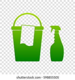 Bucket and a rag with Household chemical bottles. Vector. Green gradient icon on transparent background.