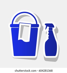 Bucket and a rag with Household chemical bottles. Vector. New year bluish icon with outside stroke and gray shadow on light gray background.