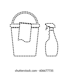 Bucket and a rag with Household chemical bottles. Vector. Black dashed icon on white background. Isolated.