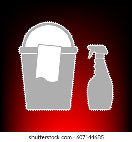 Bucket and a rag with Household chemical bottles. Postage stam or old photo style on red-black gradient background.