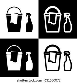 Bucket and a rag with Household chemical bottles. Vector. Black and white icons and line icon on chess board.