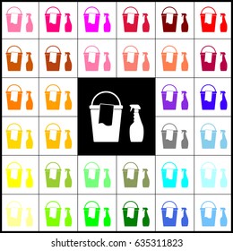 Bucket and a rag with Household chemical bottles. Vector. Felt-pen 33 colorful icons at white and black backgrounds. Colorfull.