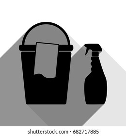 Bucket and a rag with Household chemical bottles. Vector. Black icon with two flat gray shadows on white background.
