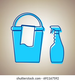 Bucket and a rag with Household chemical bottles. Vector. Sky blue icon with defected blue contour on beige background.