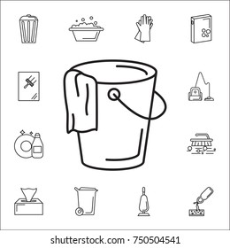 Bucket and a rag icon. Set of cleaning tools icons on white background