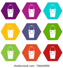 Bucket and rag icon set many color hexahedron isolated on white vector illustration