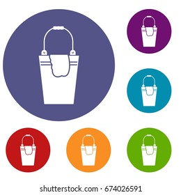 Bucket and rag icons set in flat circle reb, blue and green color for web