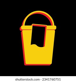 Bucket and a rag sign. 3D Extruded Yellow Icon with Red Sides a Black background. Illustration.