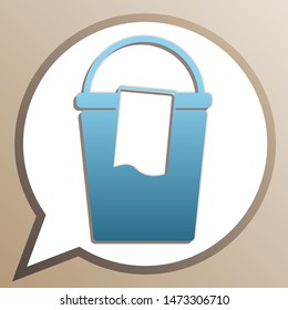 Bucket and a rag sign. Bright cerulean icon in white speech balloon at pale taupe background. Illustration.