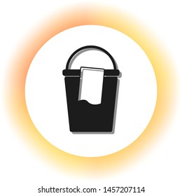 Bucket and a rag sign. Dark icon with shadow on the glowing circle button. Illustration.