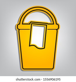 Bucket and a rag sign. Flat orange icon with overlapping linear black icon with gray shadow at whitish background. Illustration.