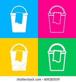 Bucket and a rag sign. Four styles of icon on four color squares.