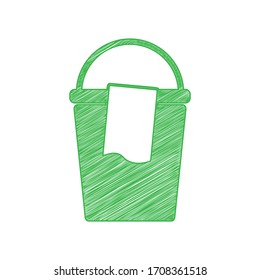 Bucket and a rag sign. Green scribble Icon with solid contour on white background. Illustration.