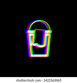 Bucket and a rag sign. Red, green and blue unfocused contour icon at black background. Illustration.