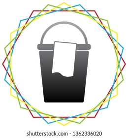 Bucket and a rag sign. Vector. Black icon with patch of light inside colorful hexagonal frames at white background.