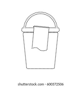 Bucket and a rag sign. Vector. Black dotted icon on white background. Isolated.