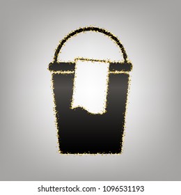Bucket and a rag sign. Vector. Blackish icon with golden stars at grayish background.