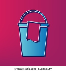 Bucket and a rag sign. Vector. Blue 3d printed icon on magenta background.