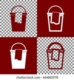 Bucket and a rag sign. Vector. Bordo and white icons and line icons on chess board with transparent background.
