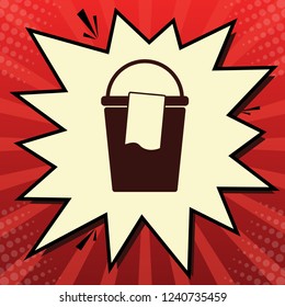 Bucket and a rag sign. Vector. Dark red icon in lemon chiffon shutter bubble at red popart background with rays.