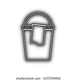 Bucket and a rag sign. Vector. Double contour black icon with soft shadow at white background. Isolated.