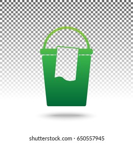 Bucket and a rag sign. Vector. Green gradient icon with shadow at bottom on transparent and white background.