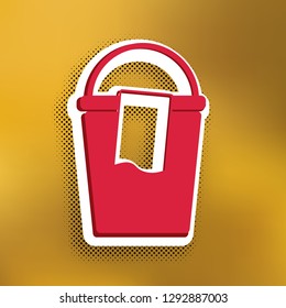 Bucket and a rag sign. Vector. Magenta icon with darker shadow, white sticker and black popart shadow on golden background.