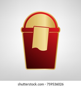 Bucket and a rag sign. Vector. Red icon on gold sticker at light gray background.
