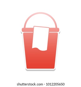 Bucket and a rag sign. Vector. Reddish icon with white and gray shadow on white background. Isolated.